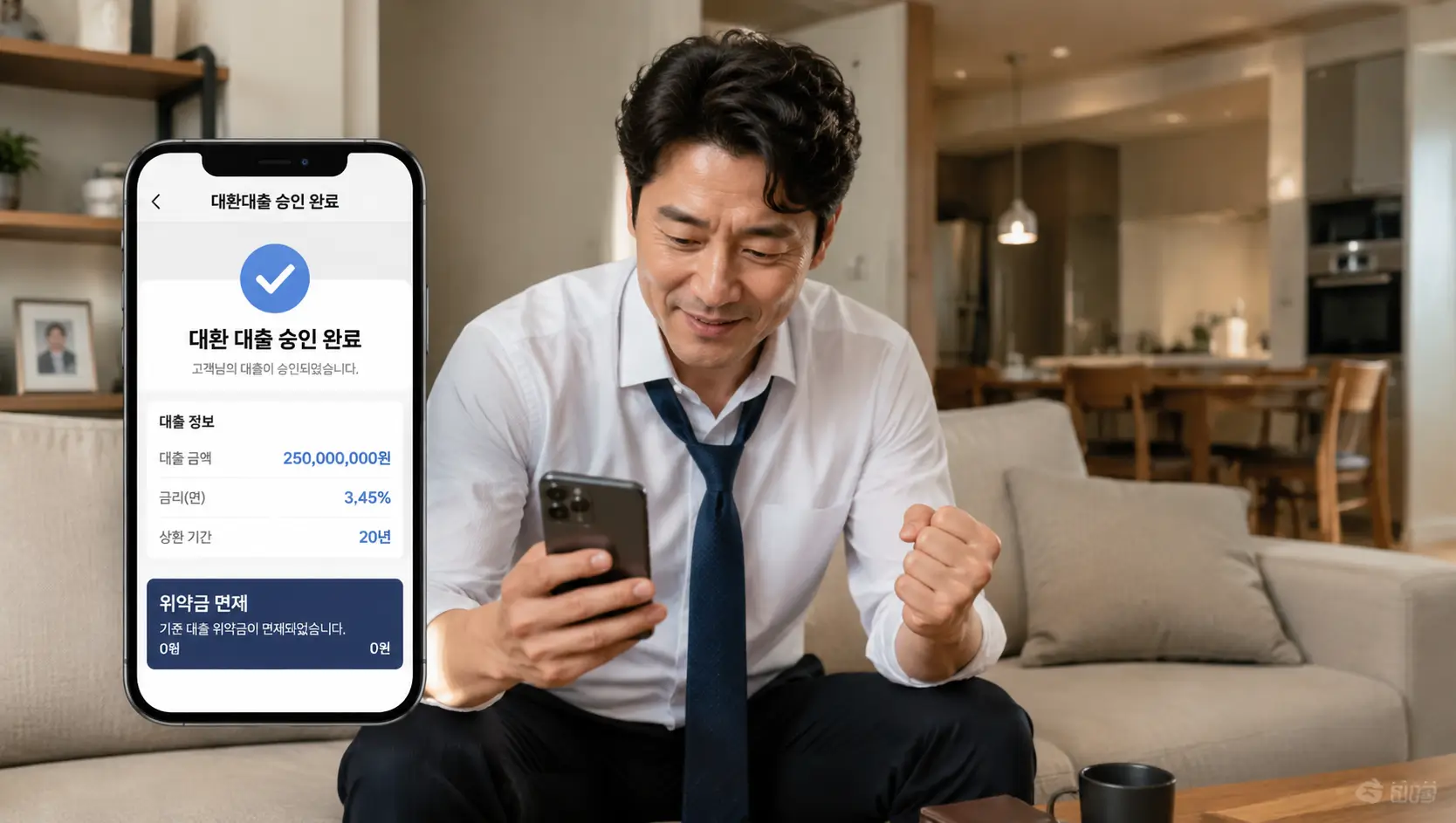 한국식 아파트 거실 소파에서 넥타이를 푼 40대 가장이 모바일 대환 대출 승인 및 위약금 면제 알림을 스마트폰으로 확인하며 안도하는 모습