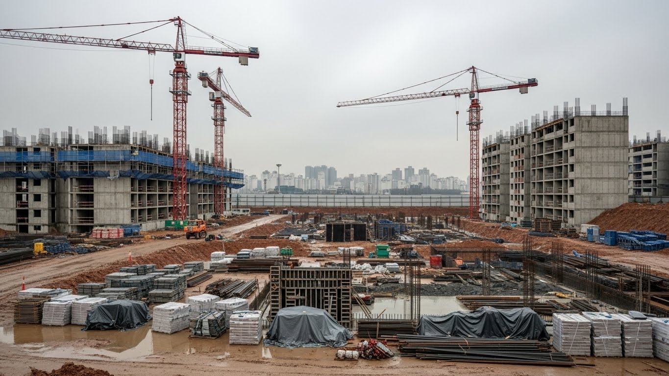 Construction site of an apartment complex in Seoul halted, cranes stopped, empty ground, symbolizing supply shortage, overcast sky, realistic photo style