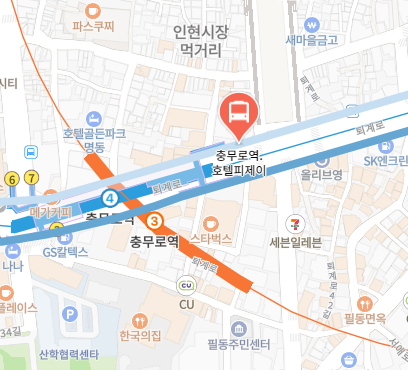 충무로역.호텔피제이에서 인천공항 리무진 공항버스(6001번) 지도 위치