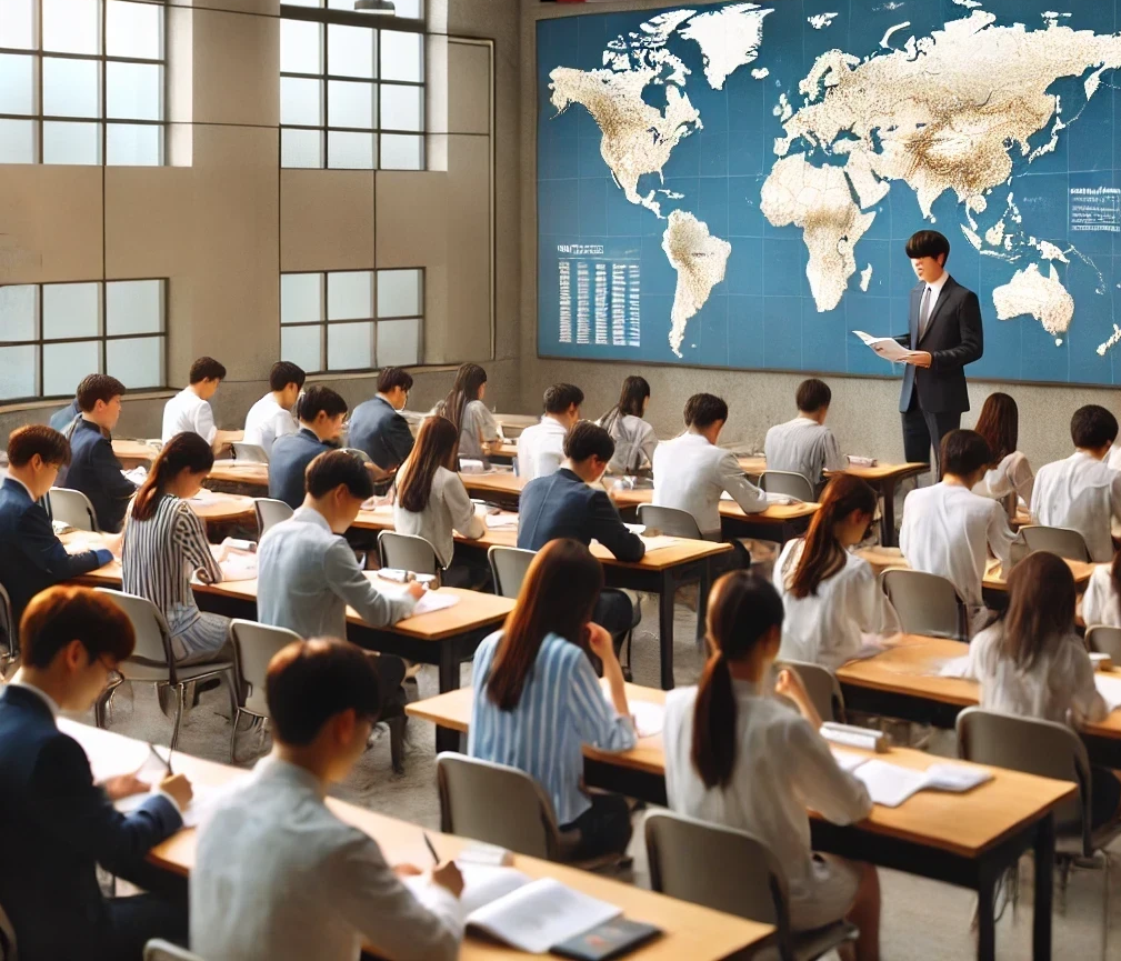 교육장에서 세계지도를 보며 글로벌 커리어를 준비 중인 청년들, 강의에 참여하고 있는 현대적 교육 환경
