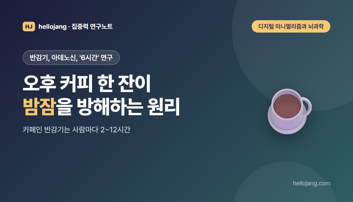 오후에 마신 커피가 아데노신 차단과 긴 반감기를 거쳐 밤잠을 줄이는 원리와 잠자기 6시간 전 카페인 연구를 다루는 글의 표지 그림