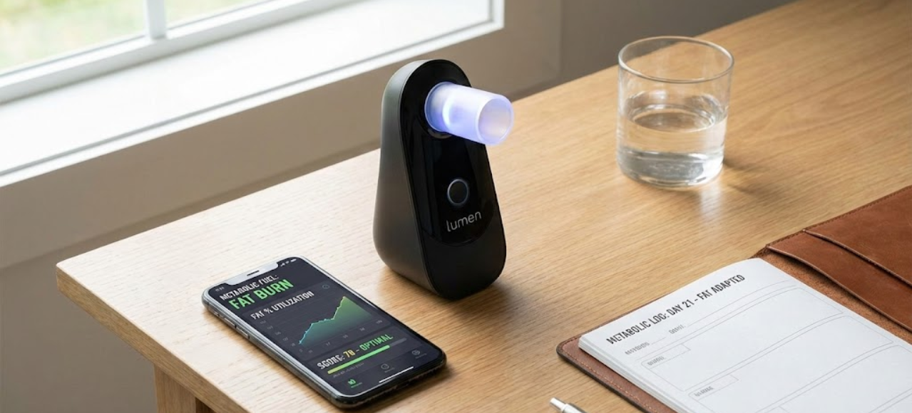 대사 분석 기기와 스마트폰이 놓인 책상 위 건강 관리 이미지