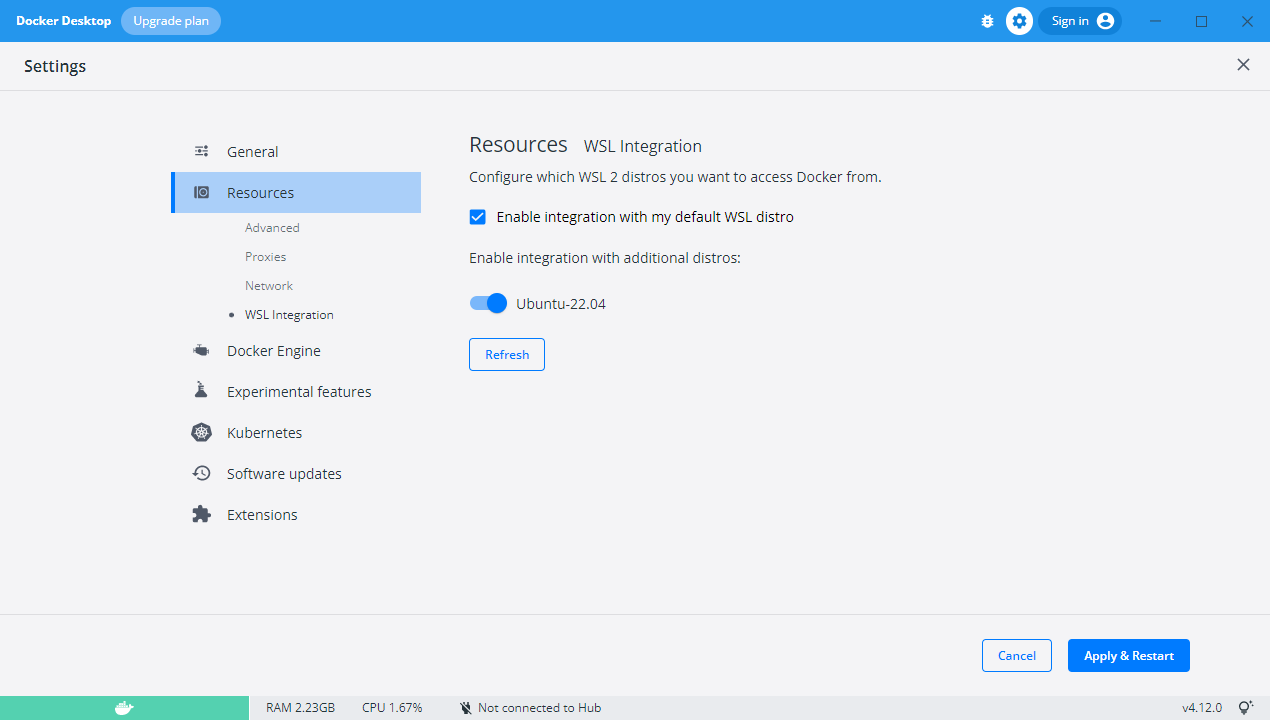 Docker default WSL 선택