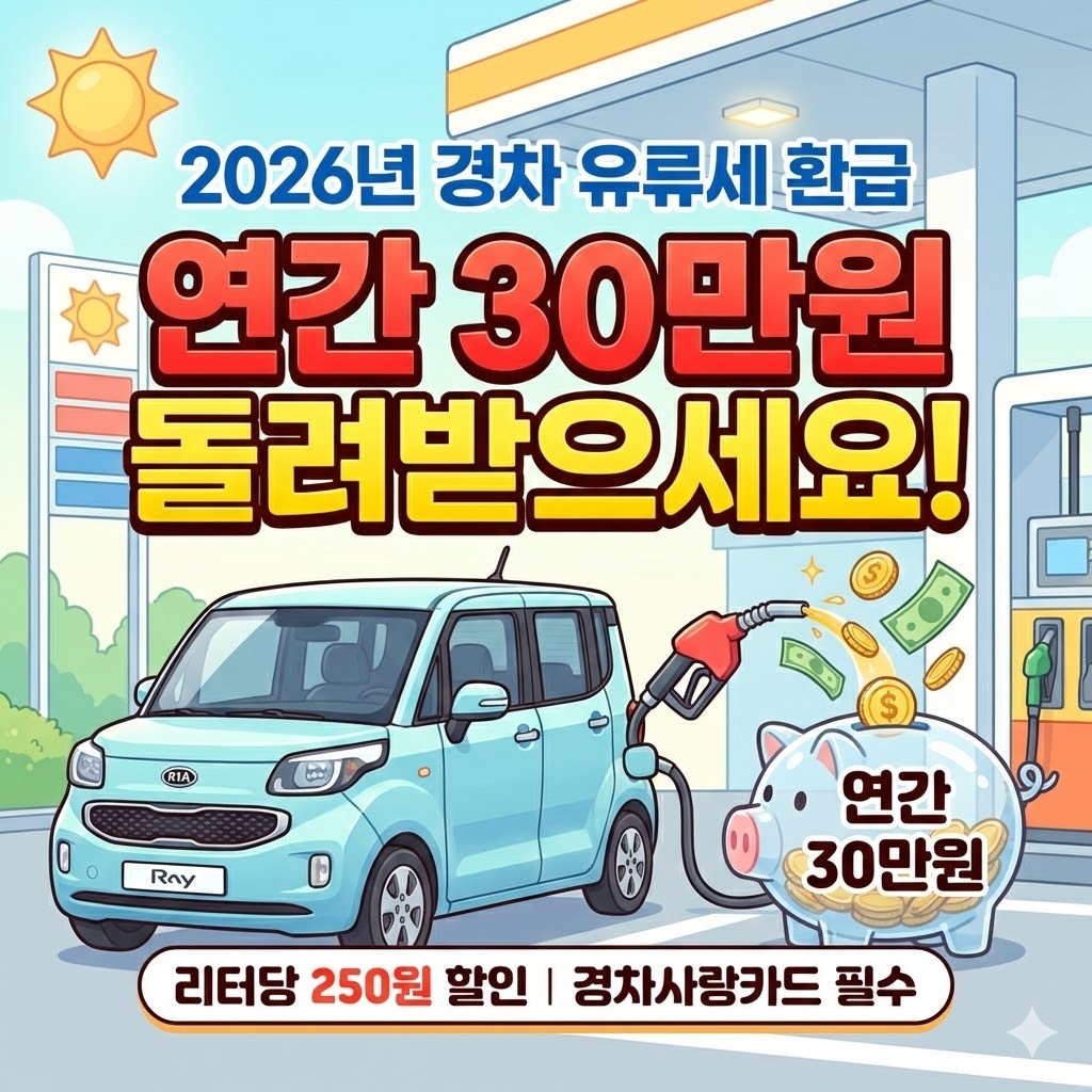 026년 경차 유류세 환급 대상 차량 기준(배기량 1000cc 미만), 연간 30만 원 한도, 리터당 휘발유 250원 환급액과 신한·롯데·현대 카드사별 혜택을 요약한 정보성 인포그래픽 이미지