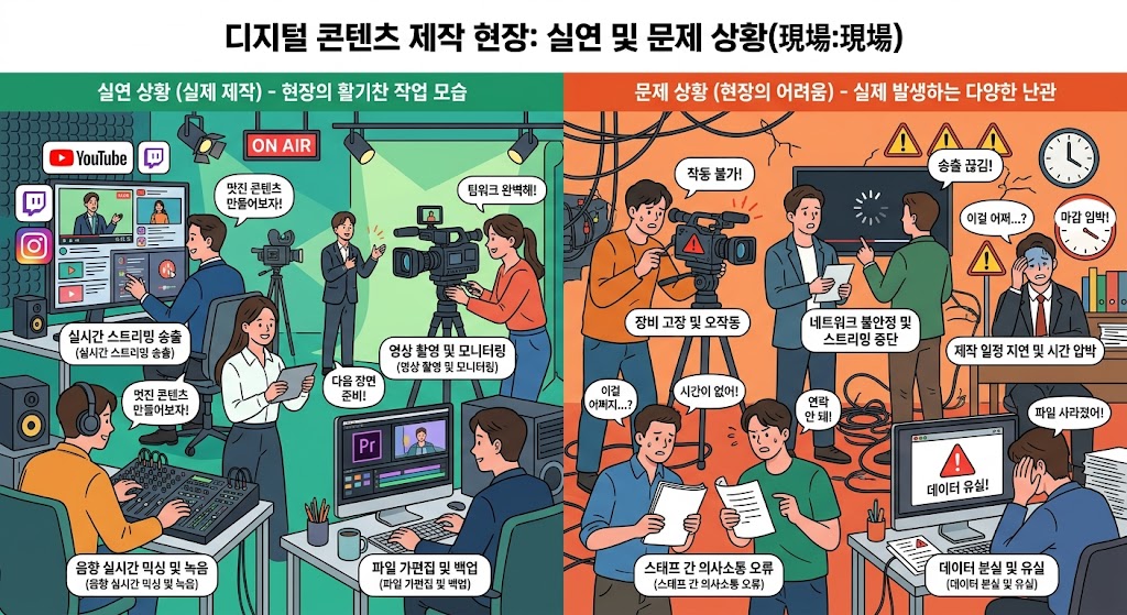 CISO의 고민과 AI 비디오 생성 시 발생하는 텍스처 불일치 문제를 보여주는 비즈니스 시나리오 다이어그램