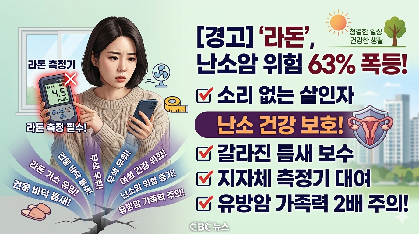아늑한 거실 배경 위에 보이지 않는 가스가 퍼지는 듯한 연출과 함께, '라돈의 경고: 난소암 위험 63% 상승'이라는 붉은색 강조 문구가 들어간 인포그래픽형 이미지입니다. 하단에는 '미국 의학계 대규모 추적 연구 결과'라는 자막이 포함되어 있습니다.