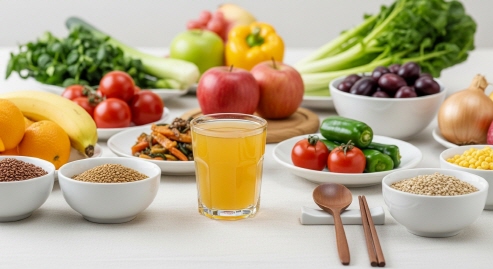주스와 함께 건강한 식탁을 차린 모습