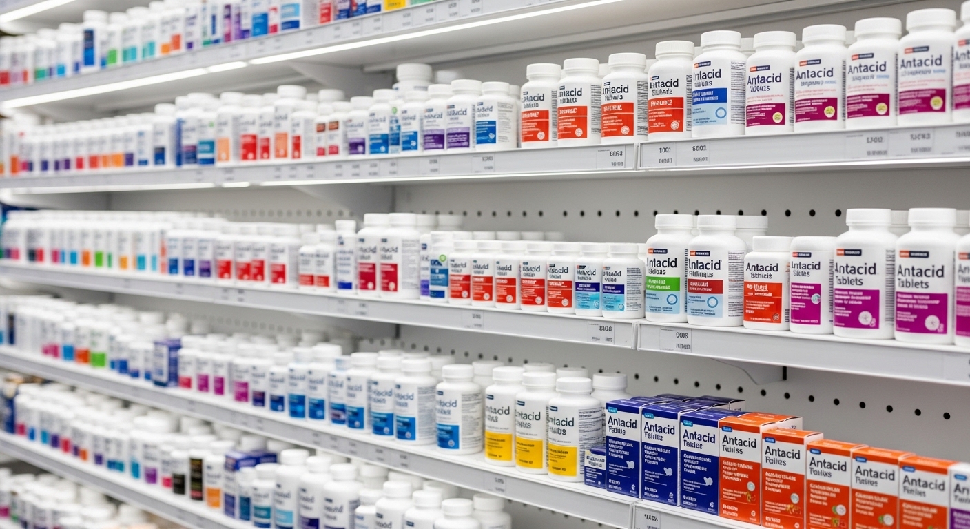 【IMG9 — 다양한 제산제 제품들이 놓인 약국 선반 이미지】