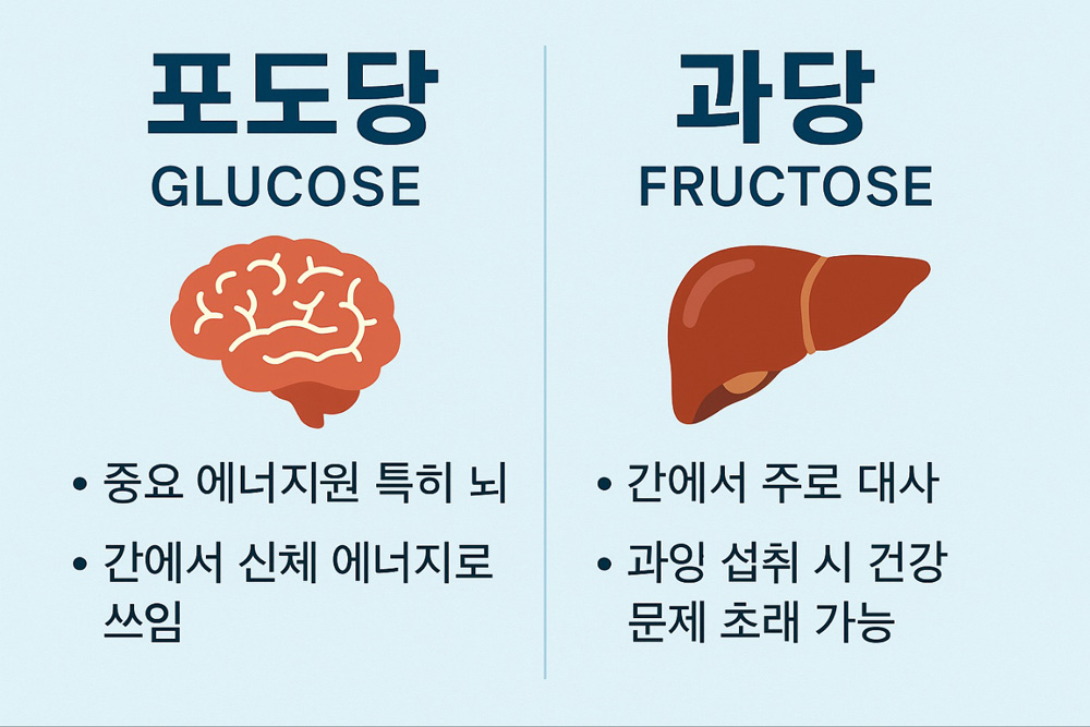 포도당과 과당의 기능 차이를 비교한 교육용 인포그래픽 - 에너지 공급과 대사 경로를 시각적으로 설명