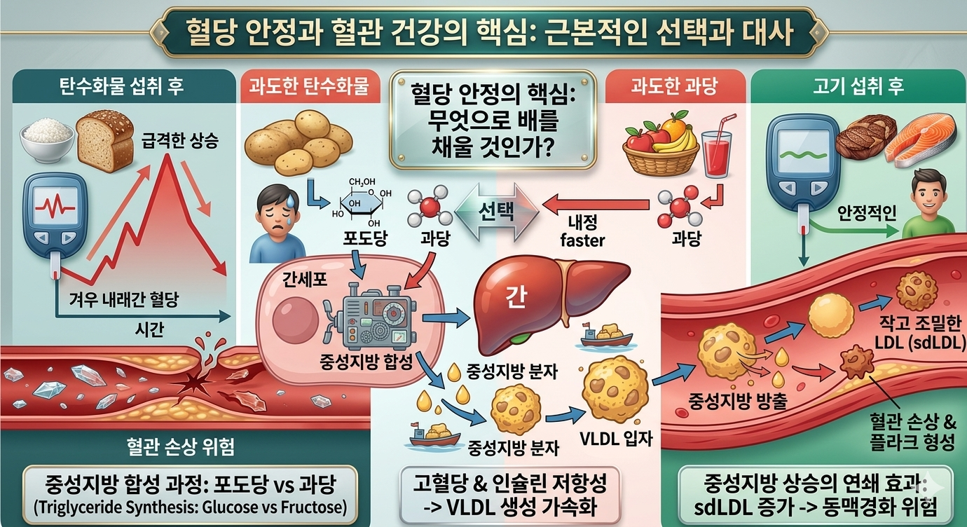 탄수화물과 과당 섭취가 간에서 중성지방으로 합성되는 과정과, 이것이 어떻게 혈관 내 sdLDL(작고 조밀한 콜레스테롤)을 형성하여 동맥경화를 유발하는지 시각화한 의학 인포그래픽. 고기 섭취 시의 안정적인 혈당 곡선과 대조하여 당뇨인의 올바른 식단 선택 방향을 제시함.