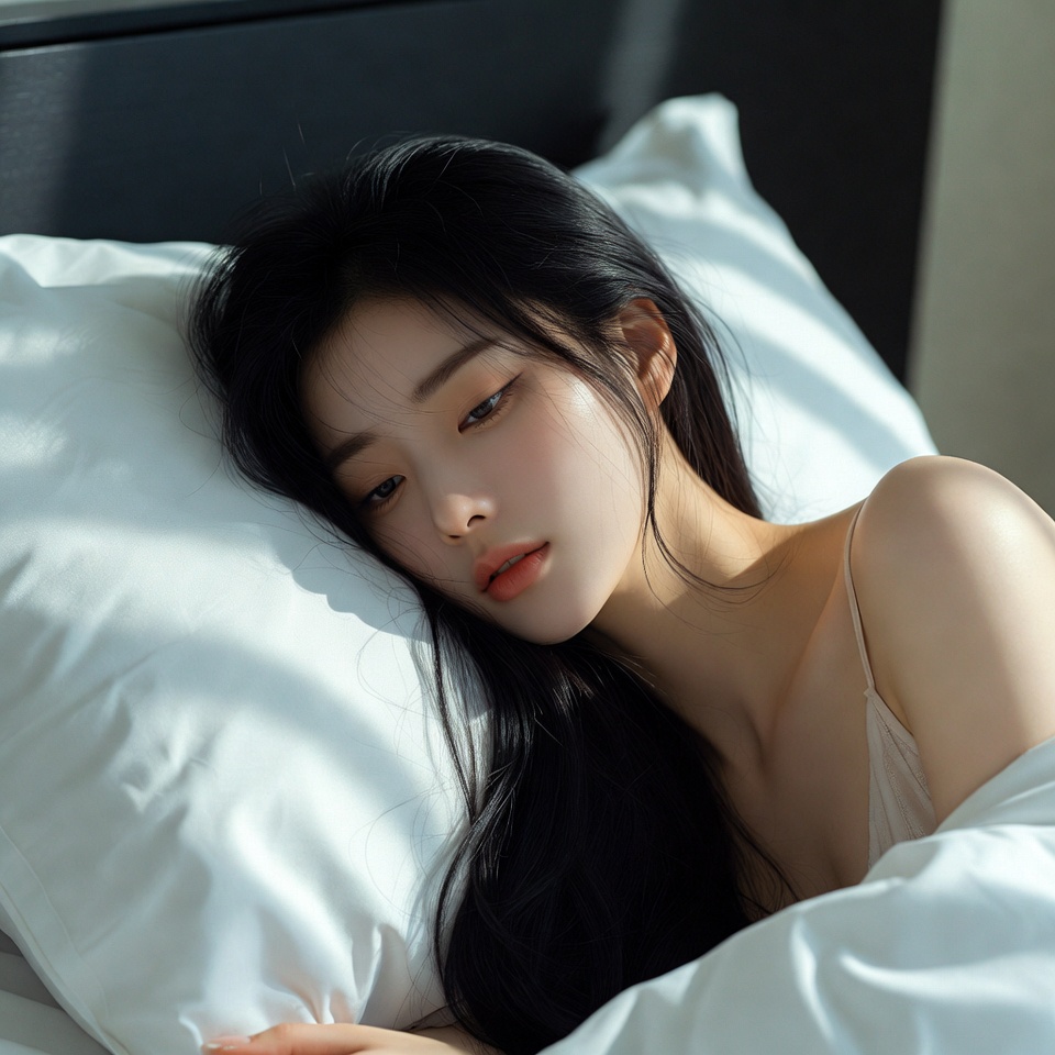 20대 한국여성이 침대에 누워 수면을 청하는 모습