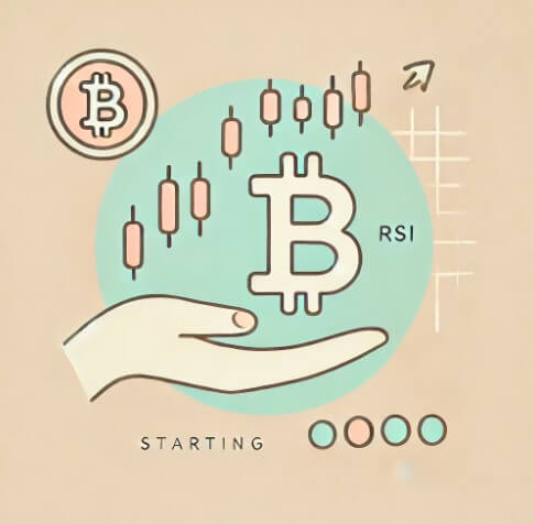 RSI 지표, 비트코인 심볼, 그리고 매수·매도 타이밍을 명확하고 간결하게 표현한 그림
