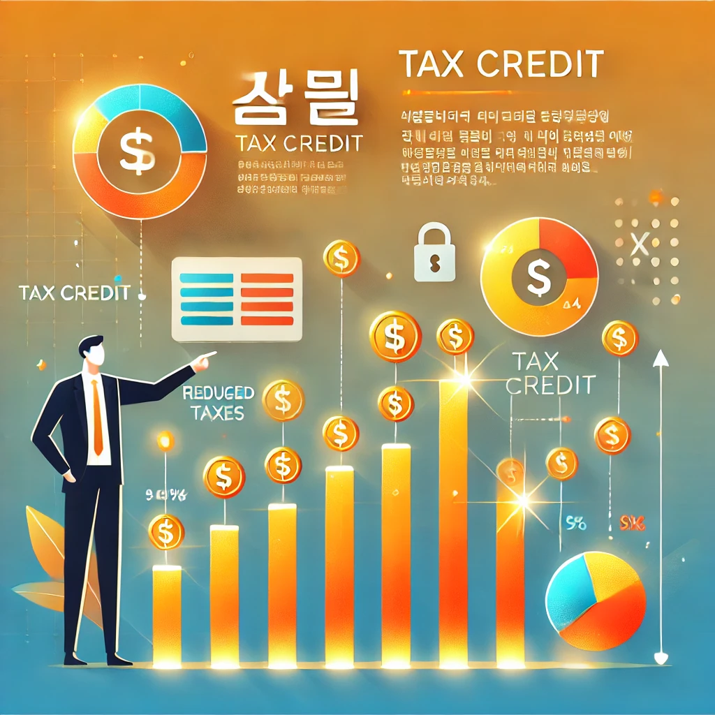 세금 감소를 나타내는 그래프를 가리키는 사람&amp;#44; 금액 아이콘&amp;#44; 세금 납부액 감소를 강조하는 세액공제 개념의 인포그래픽.