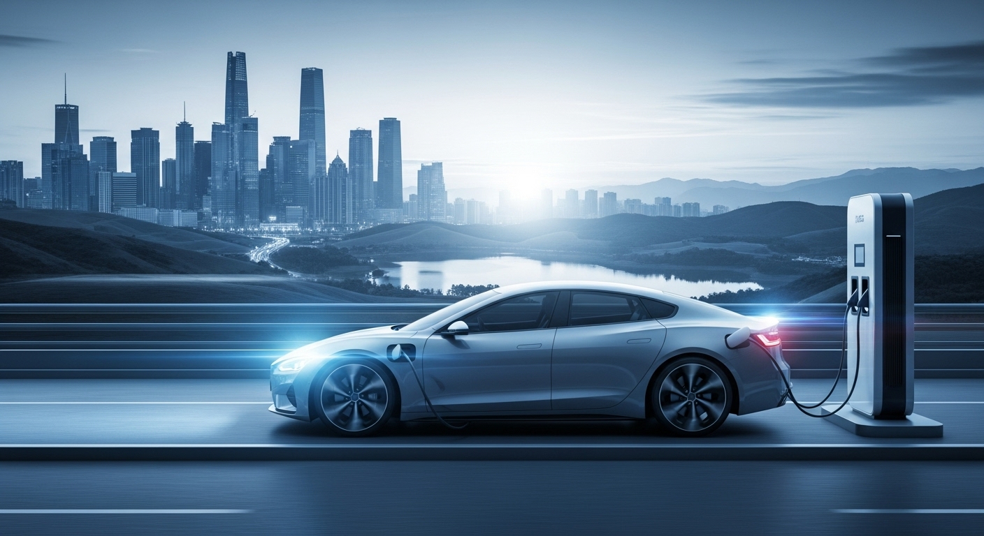 2026년 전기차 보조금 정책 변화를 상징하는 미래형 전기차와 충전소 풍경.