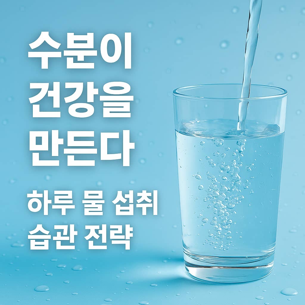 수분 섭취 습관을 강조하는 물잔과 하루 물 섭취 전략 문구가 있는 건강 관련 이미지