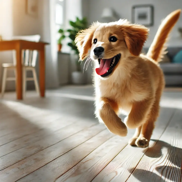 실내에서 꼬리를 쫓으며 신나게 노는 강아지, 건강한 놀이 행동 표현