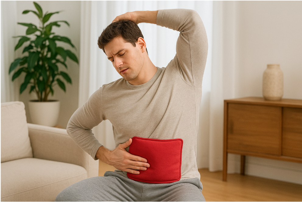 허리 통증 완화를 위해 온찜질과 스트레칭을 병행하는 남성 – 실내 자가 관리
