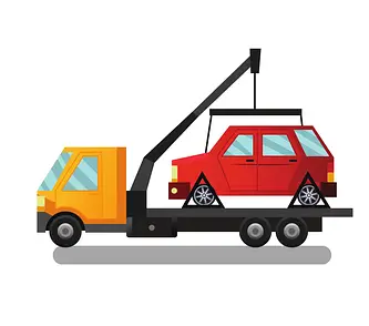 노란색 견인 차랑에 실려가는빨간색 승용치 이미지