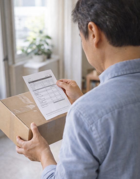 택배 상자와 거래명세서를 들고 제품 반품 여부를 확인하는 중년 남성의 모습