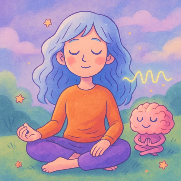 파스텔 톤의 유니크한 스타일 일러스트, 초록 언덕에서 명상하는 여성과 함께 명상 자세를 취한 귀여운 뇌 캐릭터가 등장하고 별들이 흩어진 평화로운 장면