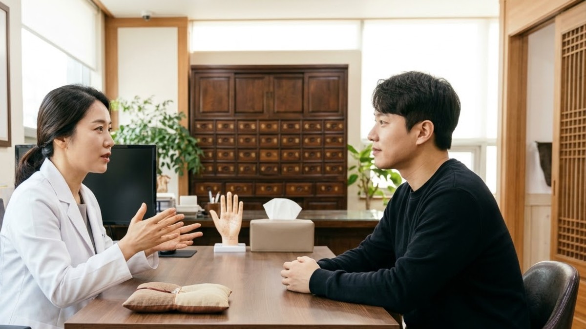 한의원 상담실에서 한의사가 환자와 식습관을 상담하는 모습