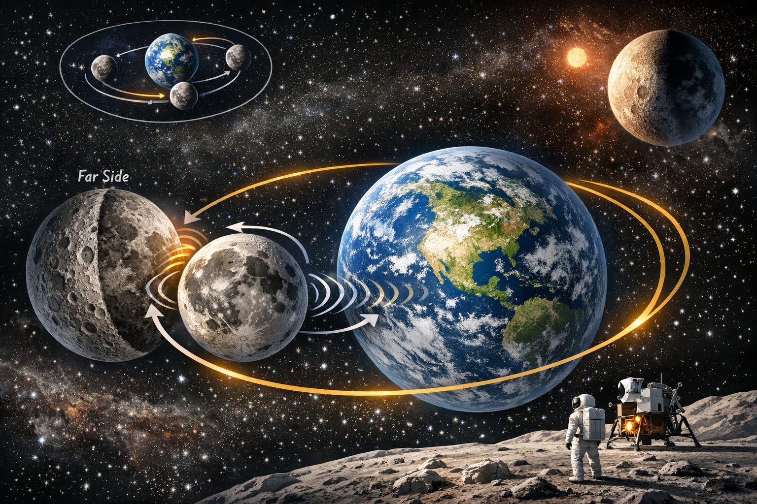 지구와 달 사이의 조석 고정 현상을 설명하는 우주 일러스트