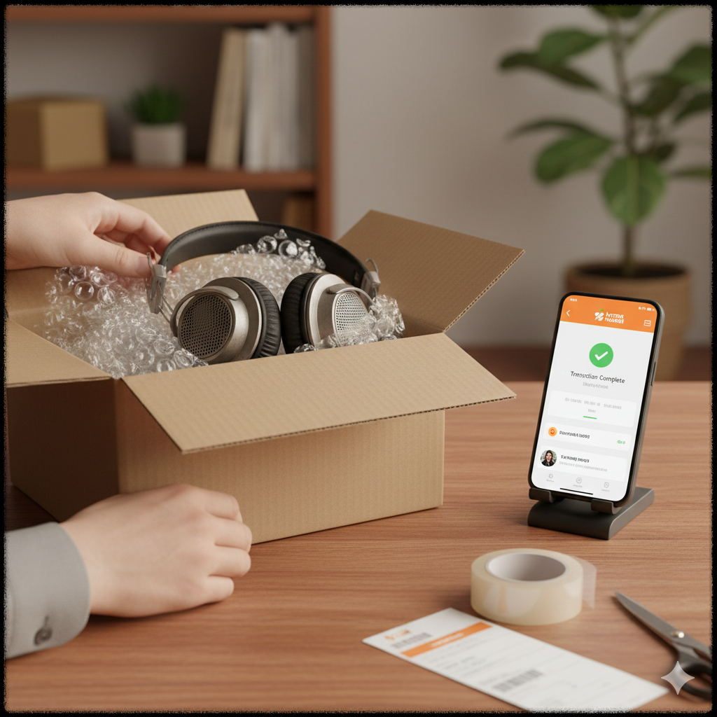 중고 거래 후 상품을 포장하고 배송 준비를 하는 모습