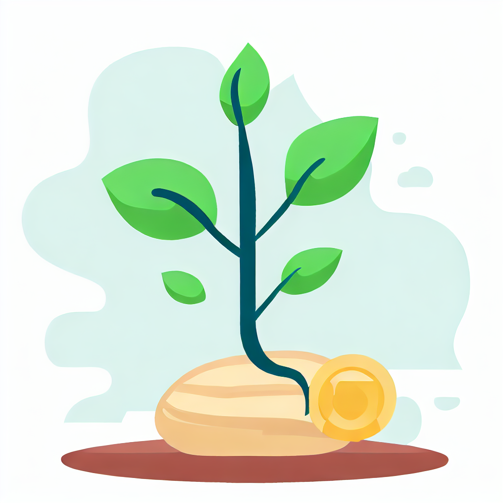 Flat vector style image of a seed growing into a tree, symbolizing the growth of seed money into a large asset.