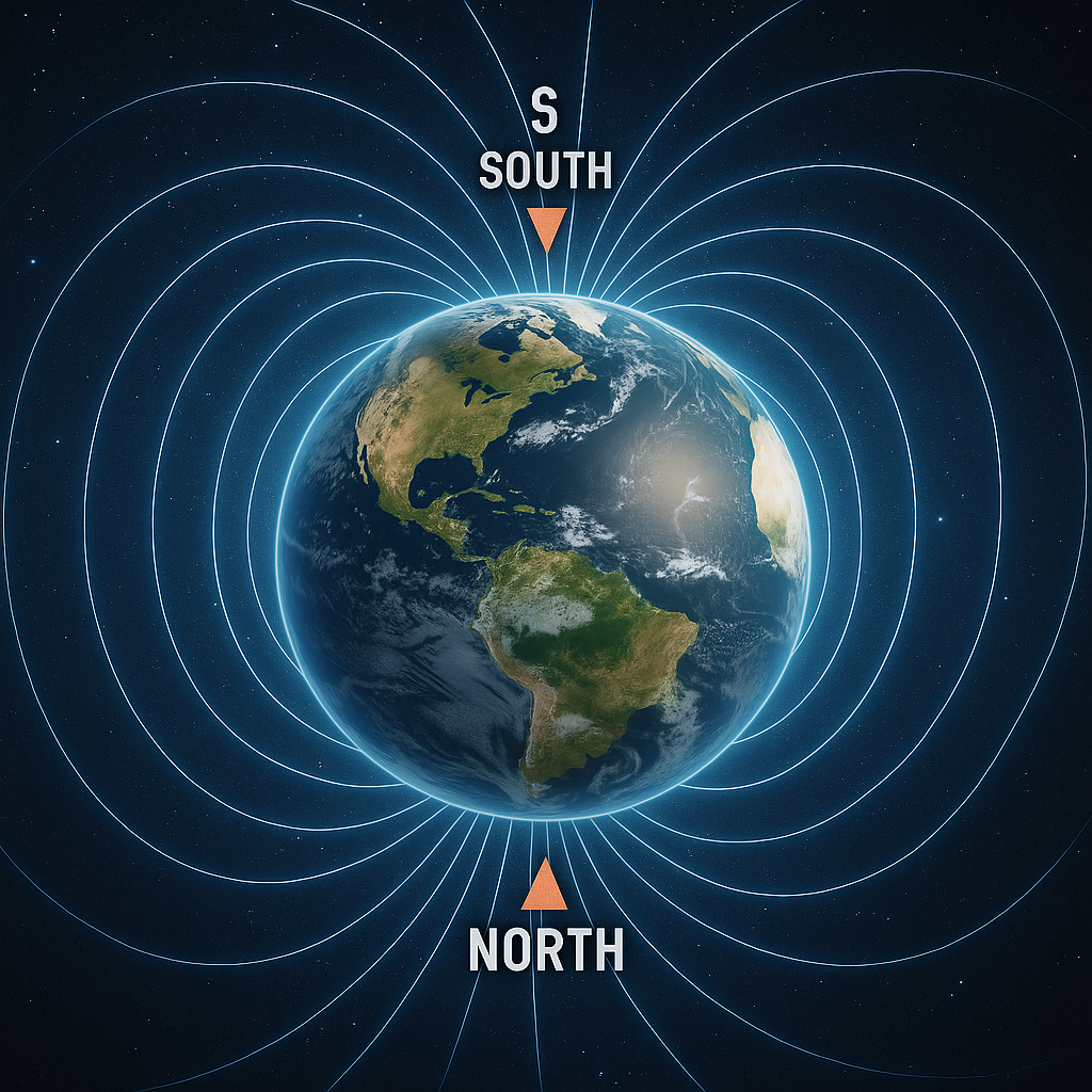 지구 자기장 역전으로 북극이 남극이 되는 자기극 반전 과정을 보여주는 과학 이미지