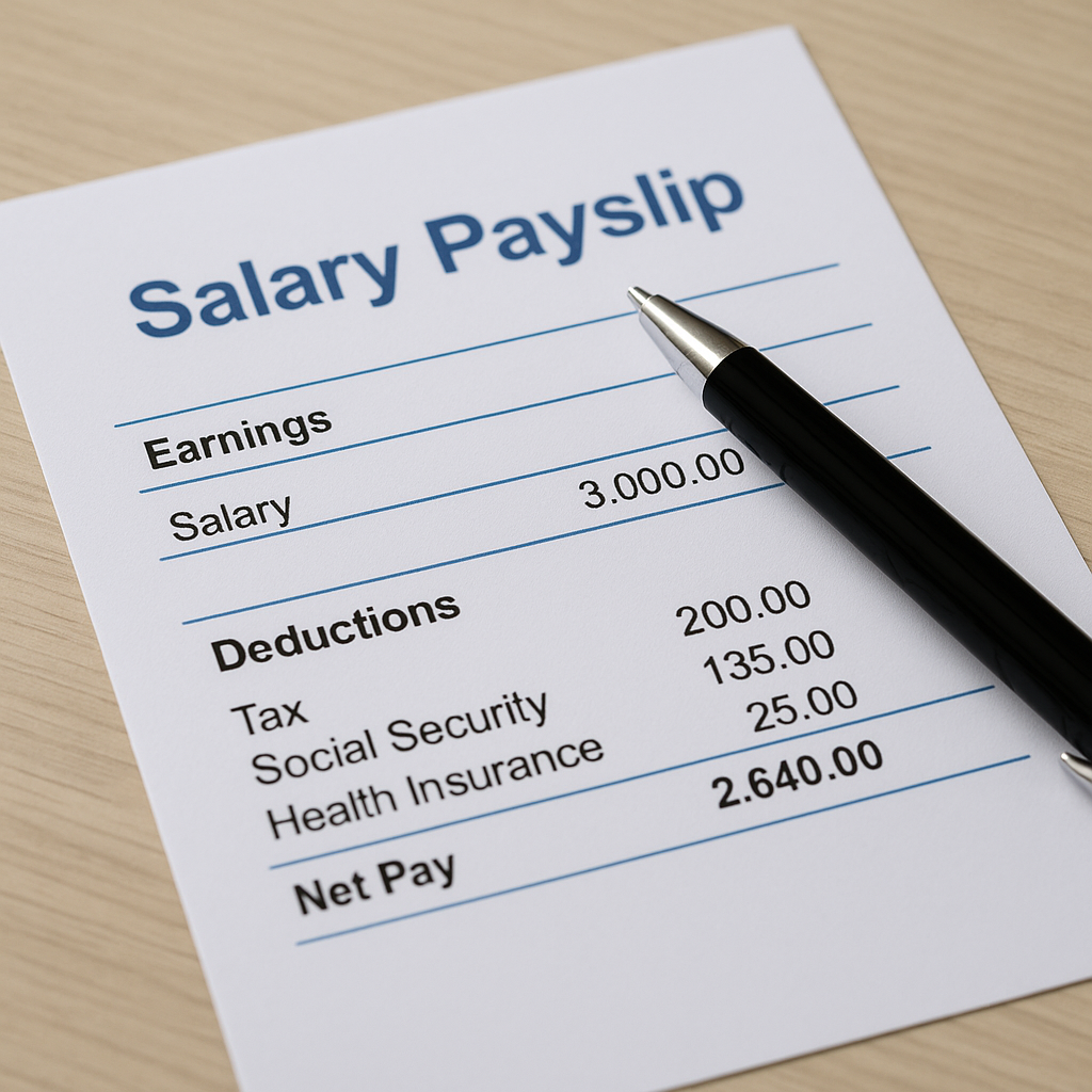 close up of salary payslip and pen on desk no people