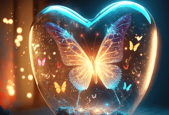 투명한 하트 모양의 유리 안에 빛이 나는 나비 조각이 들어있다. 화사한 빛이 나는 멋진 장식품이다.