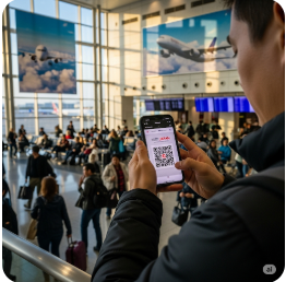 공항으로 향하는 길에 스마트폰으로 비짓재팬 웹의 QR코드를 확인하고 캡처하는 모습. 배경은 분주한 공항 로비와 비행기 그림이 그려진 이미지