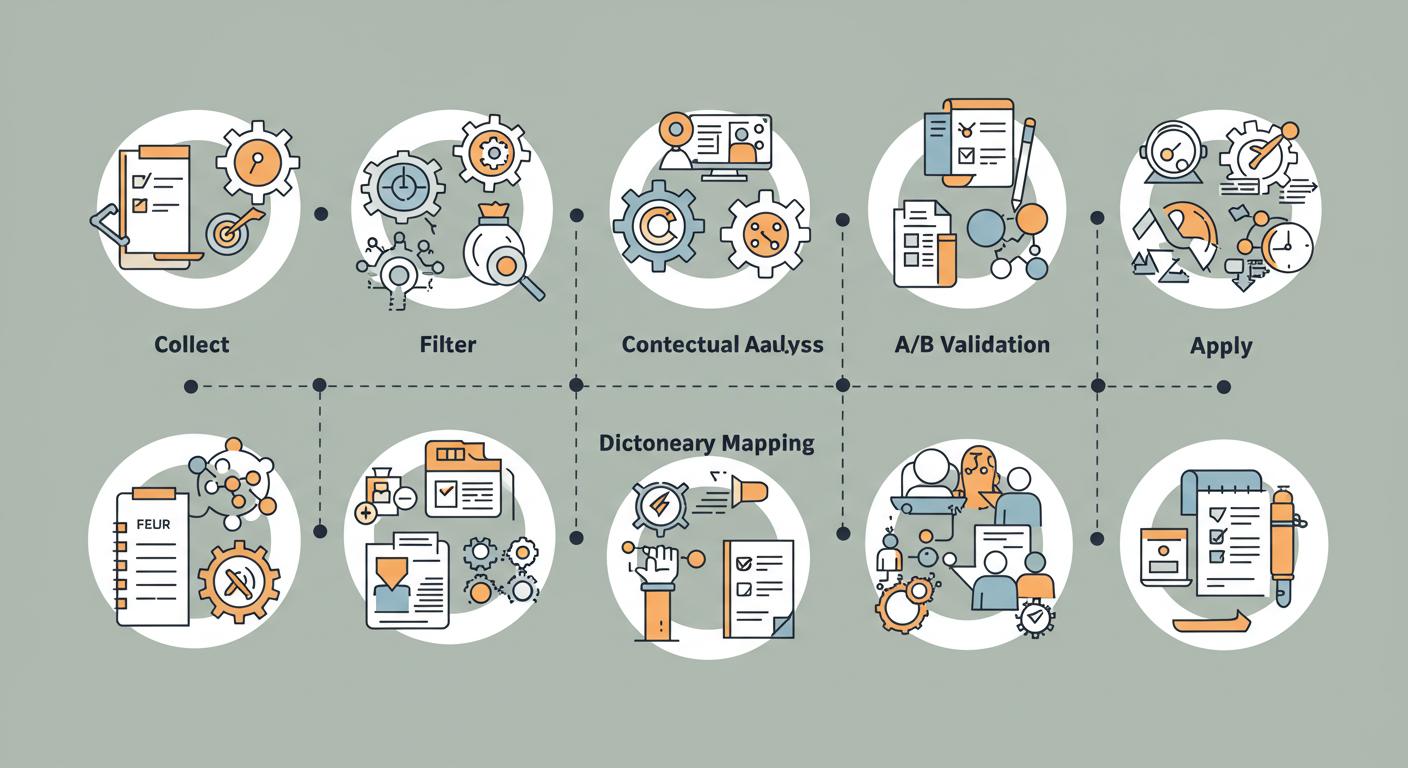 신조어 수집&rarr;필터링&rarr;문맥 해석&rarr;사전 매핑&rarr;A/B 검증&rarr;응용으로 이어지는 단계형 다이어그램