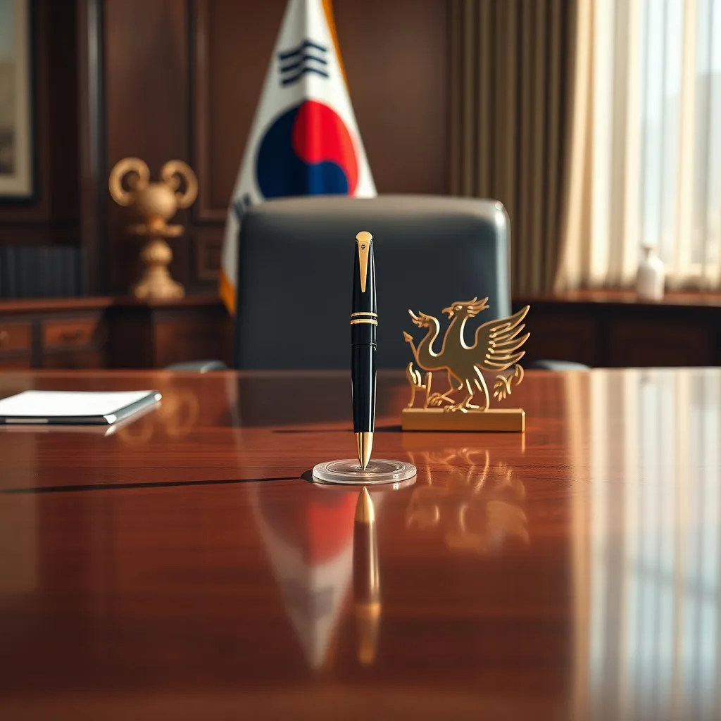 만년필이 국가의 권위와 리더십을 상징하는 물건임을 시각적으로 강조하며, 집무실의 엄숙한 분위기, 혹은 대한민국 국기, 봉황 문양과 어우러지게 표현합니다.