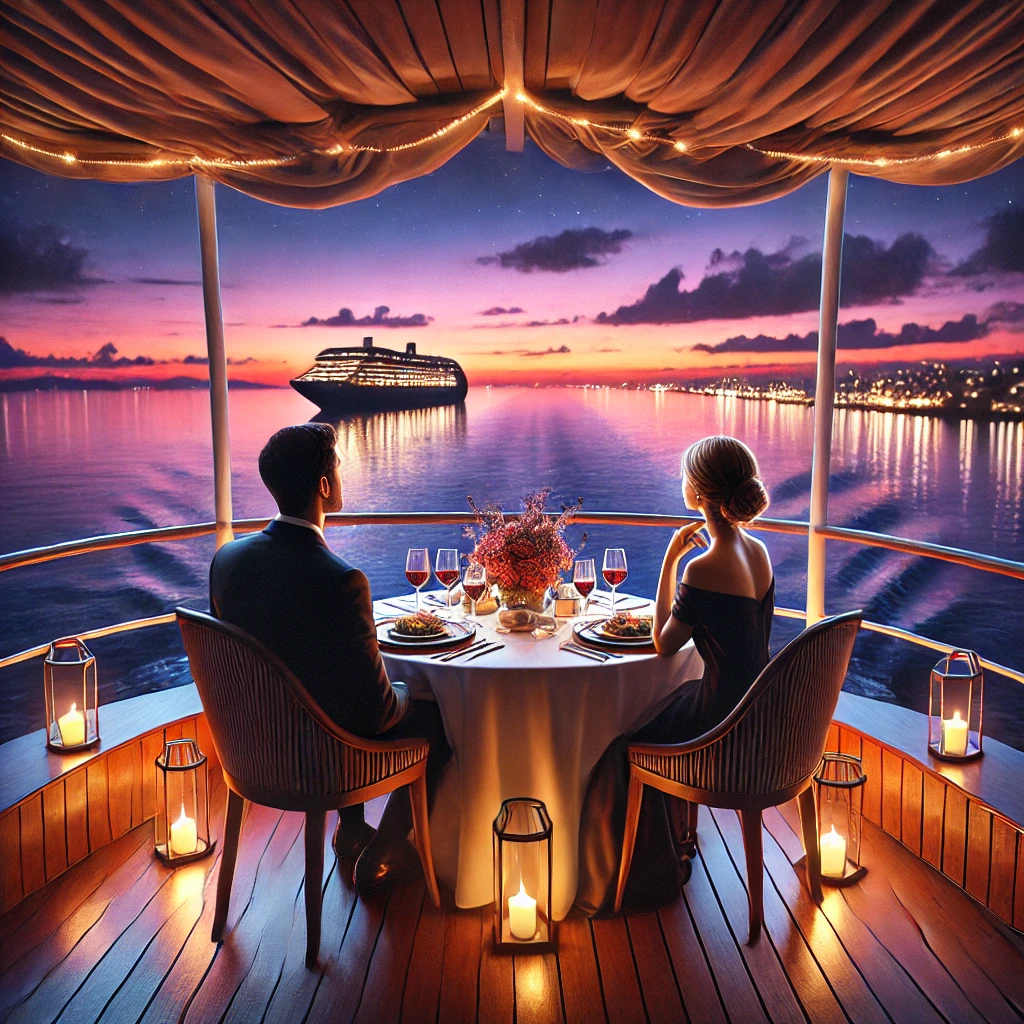 세부 바다 위에서 선셋을 바라보며 크루즈 디너를 즐기는 커플, 야경 속에서 크루즈 위의 테이블 세팅 모습