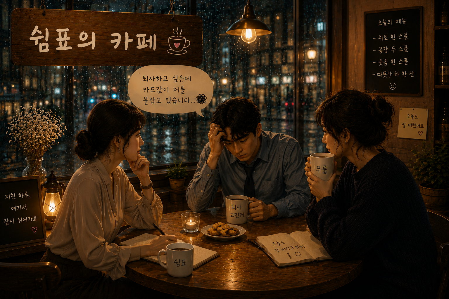 비 오는 밤 《쉼표의 카페》 안에서 긴 머리를 단정히 묶은 우아한 분위기의 쉼표와 푸름, 그리고 퇴사 고민을 털어놓는 직장인 손님이 둥근 원탁에 둘러앉아 이야기를 나누는 감성 일러스트.