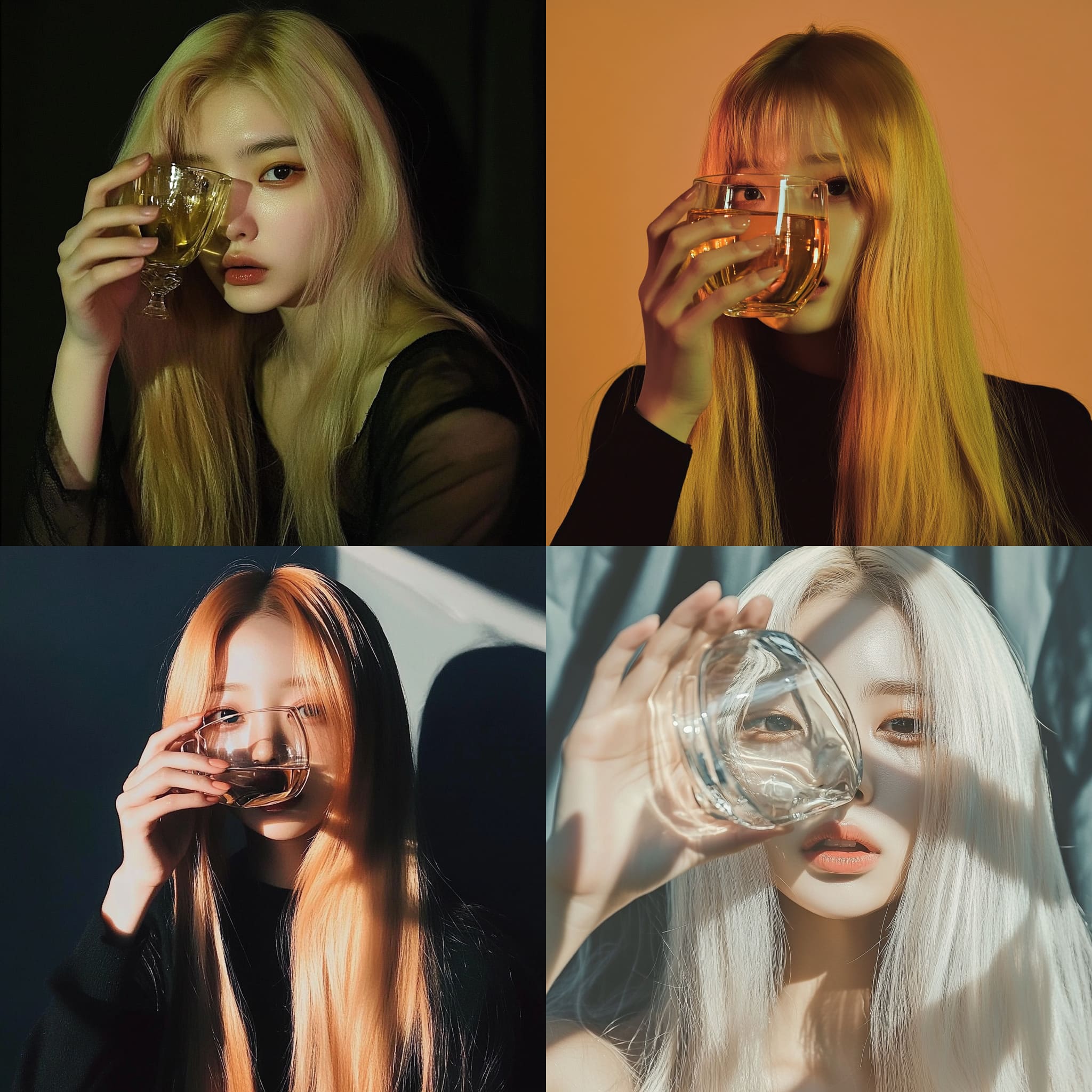South korea, 20-year-old woman, intelligent appearance, gold hair, long haircut, Cover her face with a glass. --s 0