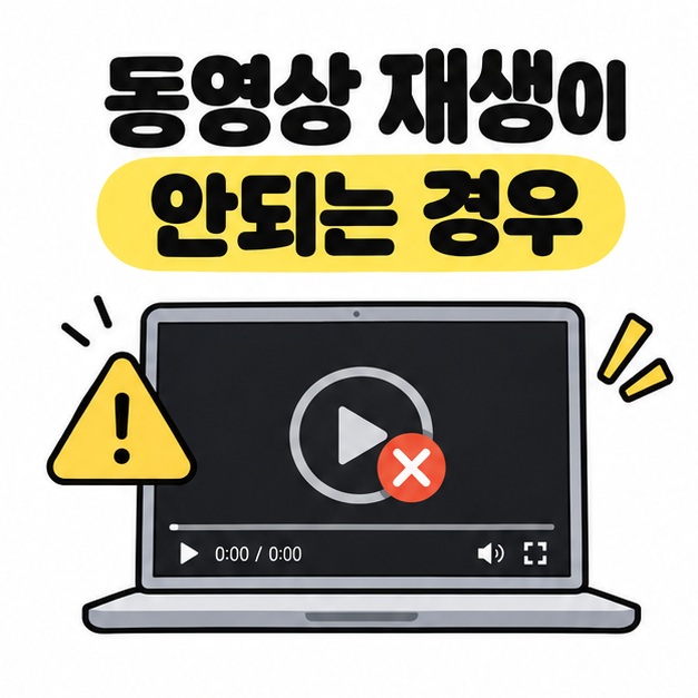 동영상 재생이 안되는 경우 제목과 재생 오류가 표시된 노트북 화면