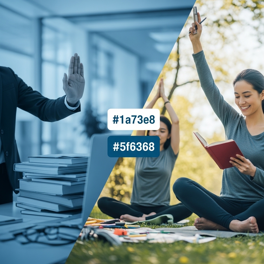 MZ세대 직장인이 업무와 개인 생활의 균형을 성공적으로 이루는 모습을 시각화한 이미지로, 한쪽에는 명확히 경계를 설정하는 직장인의 모습이, 다른 한쪽에는 여가 활동을 즐기는 모습이 조화롭게 표현되어 있습니다.