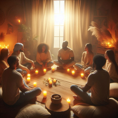 여러 사람들이 촛불을 중심으로 원을 이루며 앉아 있는 장면입니다.