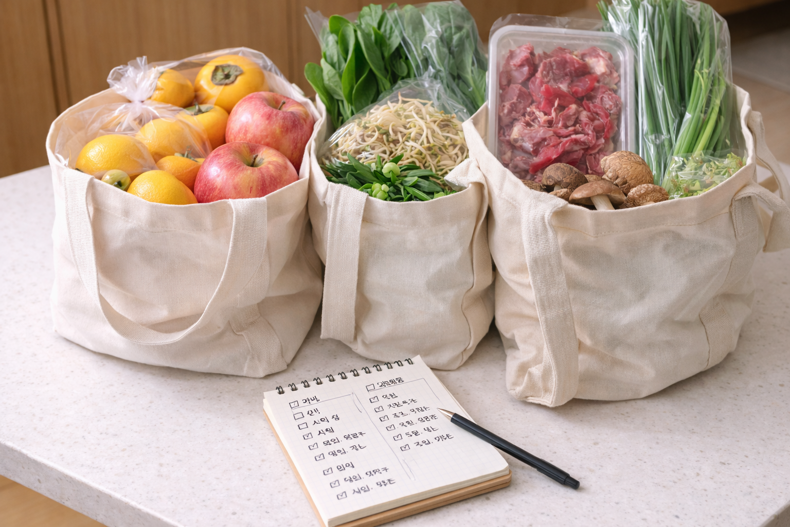 명절 장보기 체크리스트와 카테고리별로 나눠 담은 장바구니 구성