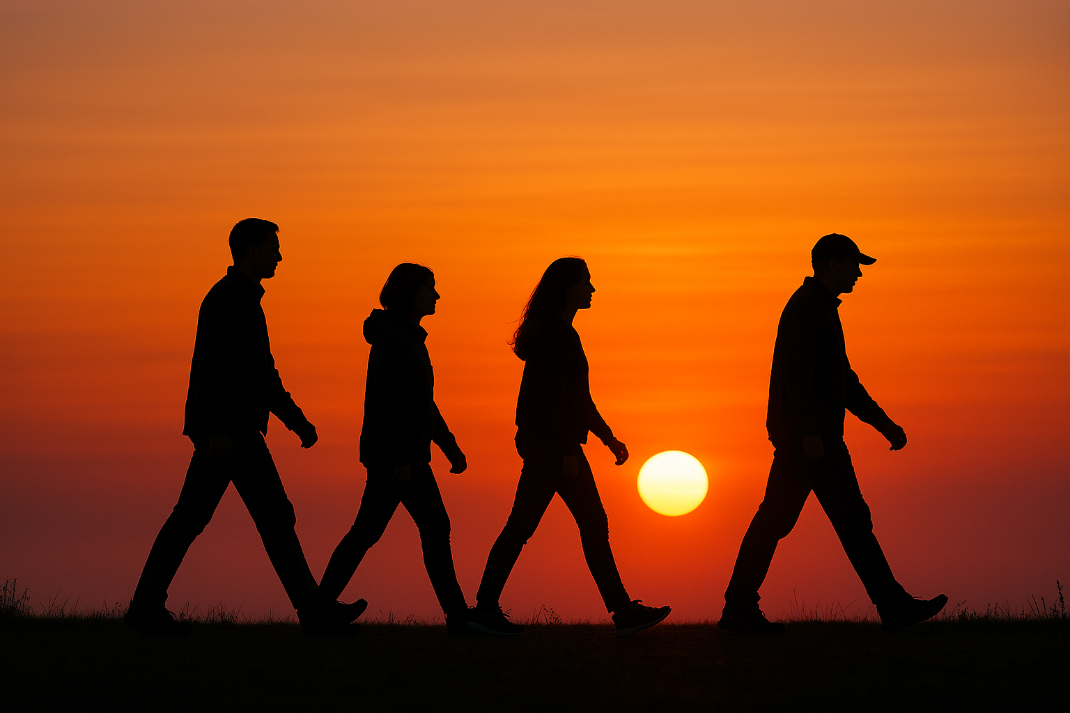 일출/일몰 시간에 걷고 있는 사람들의 실루엣