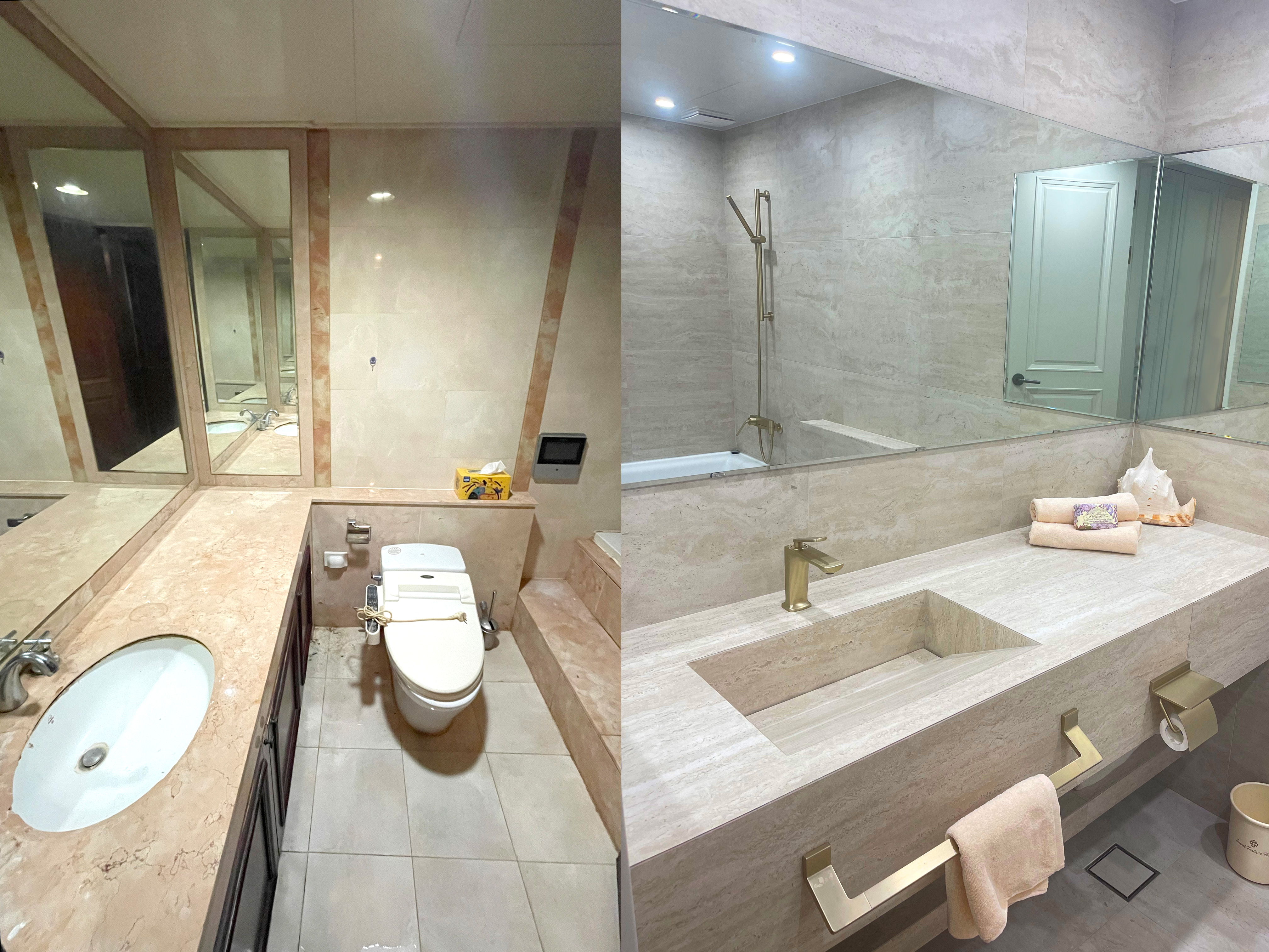인테리어, 반셀프인테리어, 실전, 욕실, 리모델링, 욕실리모델링, 안방욕실, 조적세면대, 샴페인골드, 수전, 아메리칸스탠다드, 변기, 욕조, 철거, 고뫄스방수, 민경, 트라버틴, 타일, 매지, 타일유가