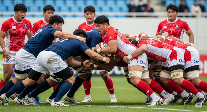 럭비 경기에서 스크럼을 하는 선수들의 역동적인 모습