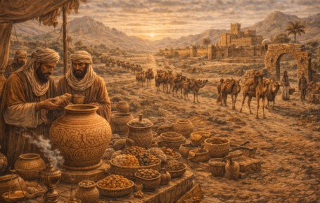 고대 아라비아 사막에서 유향과 몰약을 거래하는 상인들