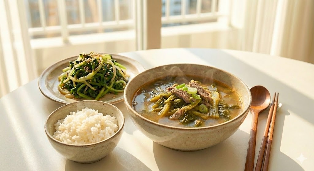 구수한 무청 시래기 된장국과 부드러운 나물 볶음으로 차린 건강한 한식 밥상