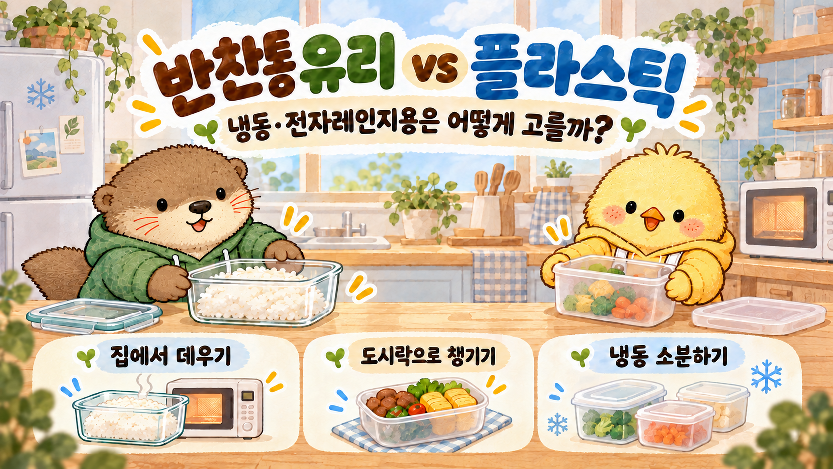 유리와 플라스틱 반찬통을 집에서 데우기 도시락 휴대 냉동 소분 용도로 비교하는 글