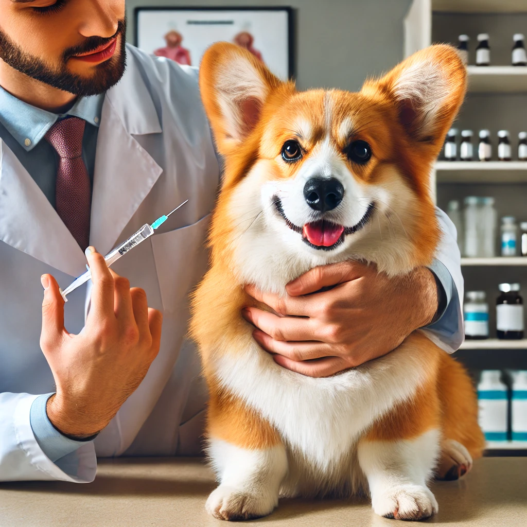 주사를 맞을 준비 하는 웰시코기