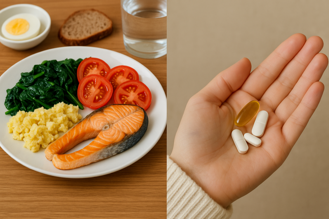 접시 위에 올려진 봄 제철 생선, 시금치, 토마토와 영양제를 손에 들고 있는 모습