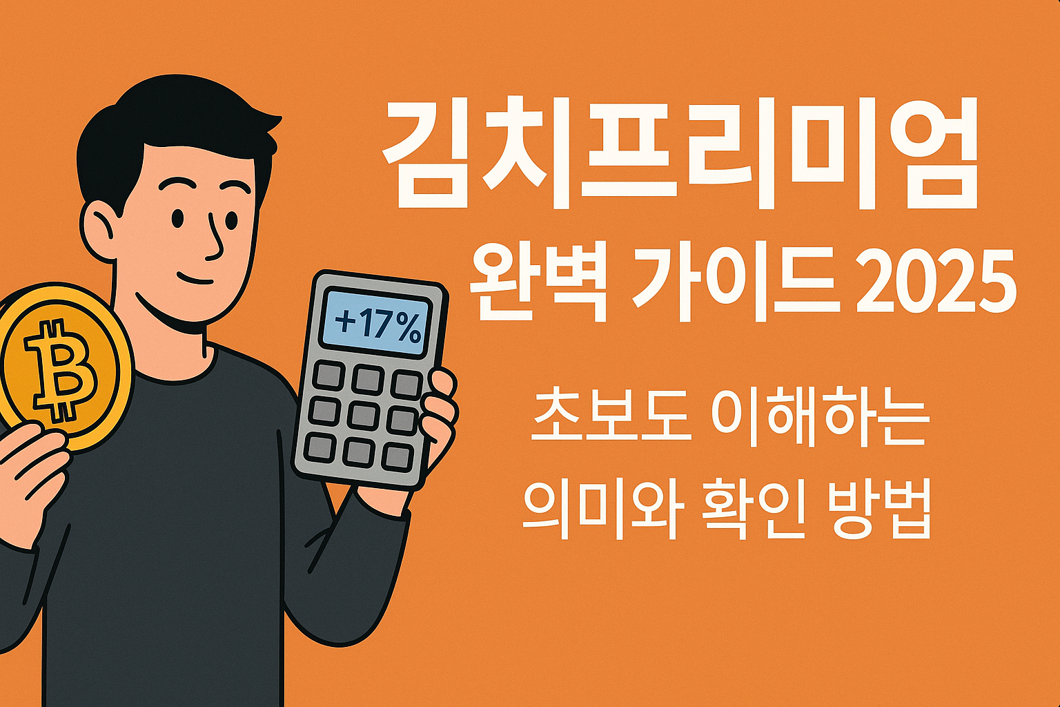김치프리미엄 완벽 가이드 2025 썸네일 이미지로 비트코인과 김프 계산기를 들고 있는 일러스트와 제목 문구가 배치된 이미지